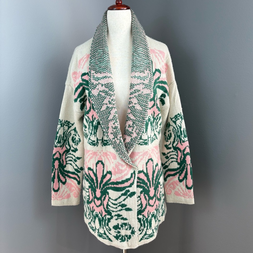Miami by Francesca’s Long Cardigan Sweater Size M Bohemian Metallic Threads Cozy
